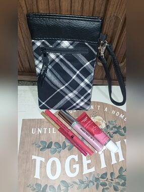 Thirty One Lipstick Pouch Black & White Plaid With Lipstick
